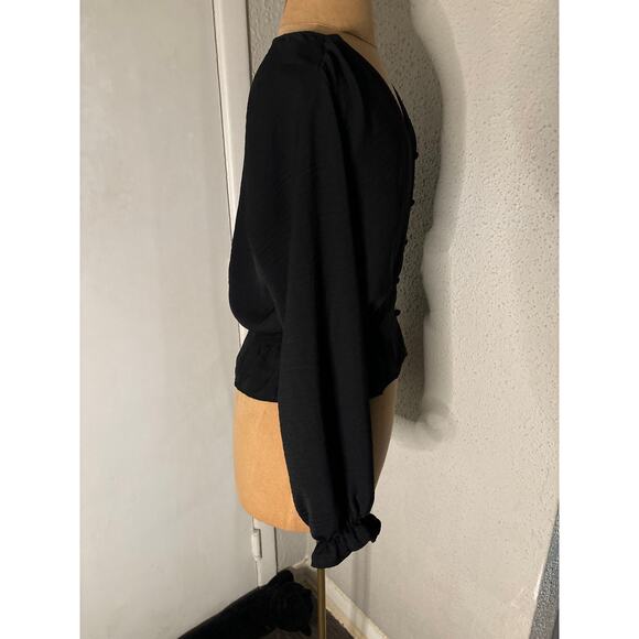 Topshop Black V-Neck Buttondown Smocked Peplum Top 2 Peasant Boho Classic Casual - Picture 3 of 12